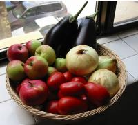 Still life of produce in basket basket